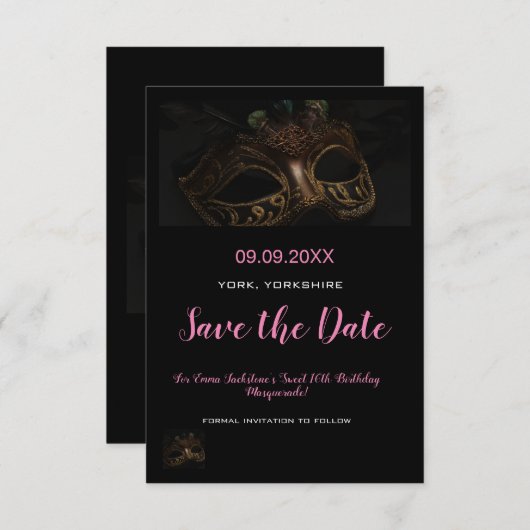 Elegant Roze Maskerade Masker Thema Sweet 16th Save The Date (Voorkant / Achterkant)