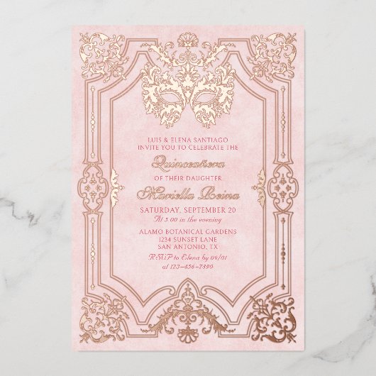 Elegant roze Masquerade Mask Quinceanera Folie Uitnodiging (Voorkant)