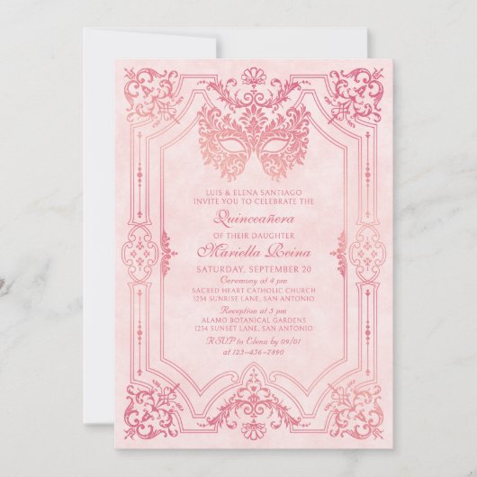 Elegant roze Masquerade Mask Quinceanera Kaart (Voorkant)