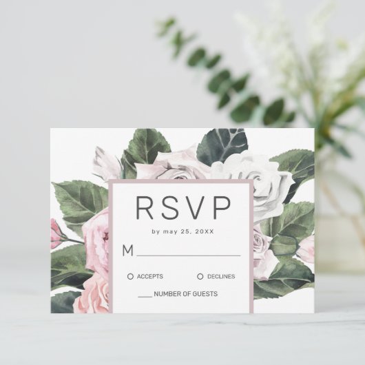 Elegant Roze Mauve Roos Bloemen Waterverf Bruiloft RSVP Kaartje (Staand voorkant)