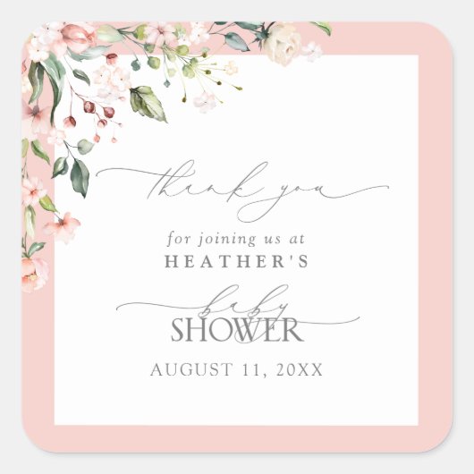 Elegant Roze Meisje Bloemen Baby shower Dank u Vierkante Sticker (Voorkant)
