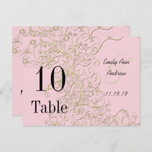 Elegant roze met Gold Swirls Table Numbers Briefkaart (Voorkant / Achterkant)
