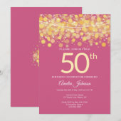 Elegant roze met gouden strijklichten 50e verjaard kaart (Voorkant / Achterkant)