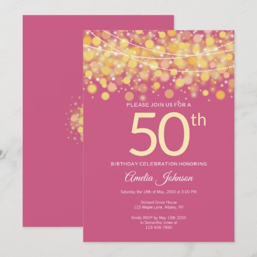 Elegant roze met gouden strijklichten 50e verjaard kaart (Voorkant / Achterkant)
