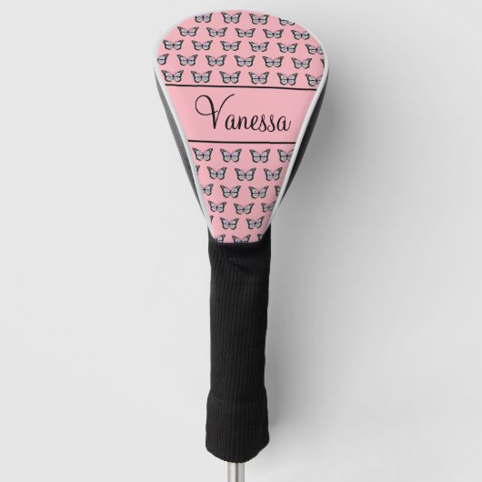 Elegant roze met zwart script en vlinderpatroon golfheadcover (Voorkant)