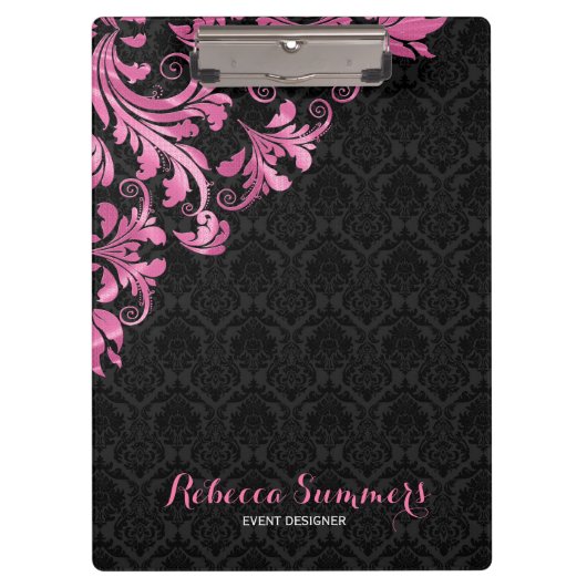 Elegant Roze Metaal Kant Zwart Damasks Klembord (Voorkant)