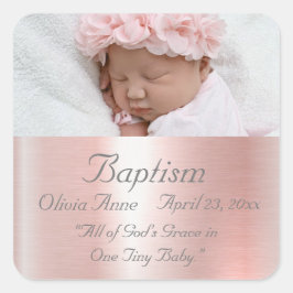 Elegant Roze Metallic Foto Name Baby Girl Baptisme Vierkante Sticker