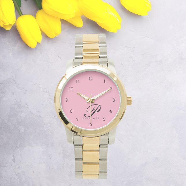 Elegant Roze Modern Initiaal Monogram Horloge (Creator heeft geüpload)