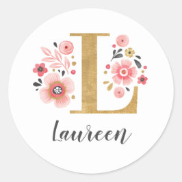 Elegant Roze Monogram Bloemen Initiaal Letter L Ronde Sticker