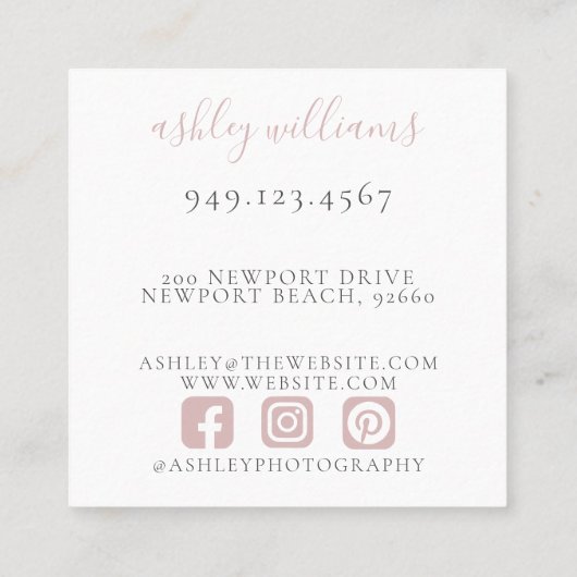 Elegant Roze Monogram Bloemkam Professioneel Vierkante Visitekaartje (Achterkant)