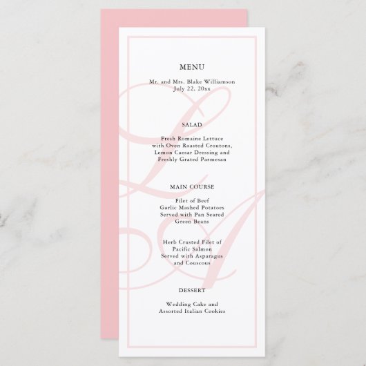 Elegant Roze Monogram Bruiloft Menu (Voorkant / Achterkant)