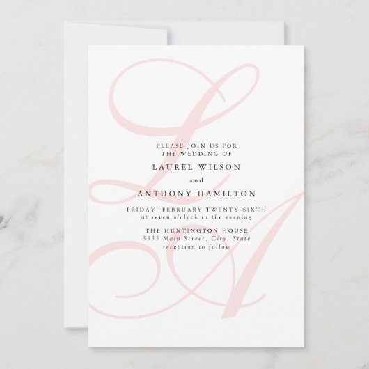 Elegant Roze Monogram Bruiloft Uitnodiging (Voorkant)