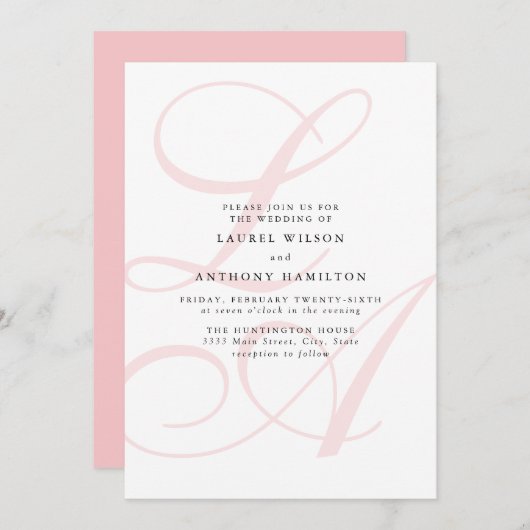 Elegant Roze Monogram Bruiloft Uitnodiging (Voorkant / Achterkant)