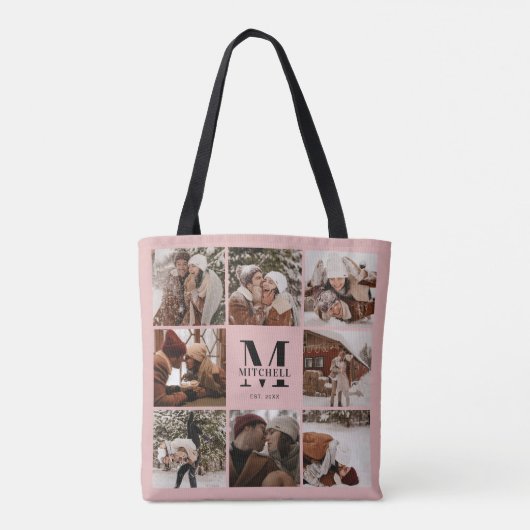 Elegant Roze Monogram & Fotocollage gepersonalisee Tote Bag (Achterkant)