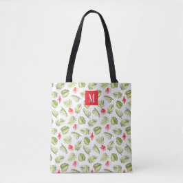 Elegant Roze Monogram Groen Palmblad Tote Bag