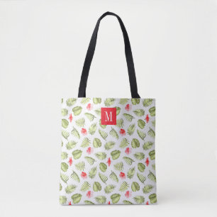 Elegant Roze Monogram Groen Palmblad Tote Bag