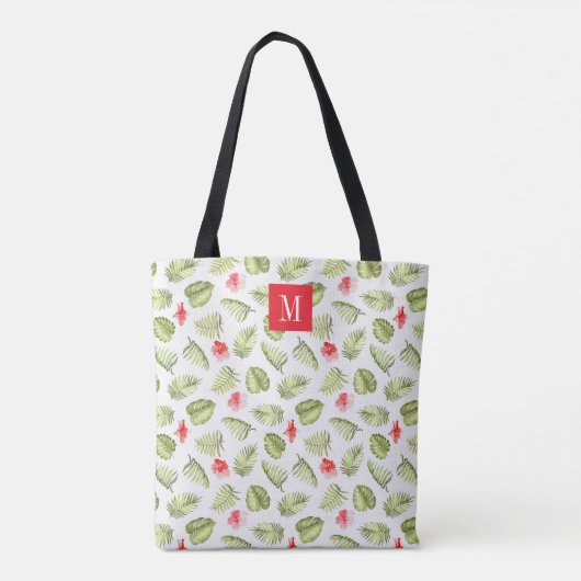 Elegant Roze Monogram Groen Palmblad Tote Bag (Achterkant)