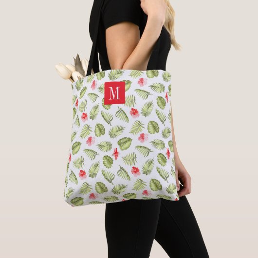Elegant Roze Monogram Groen Palmblad Tote Bag (Dichtbij)
