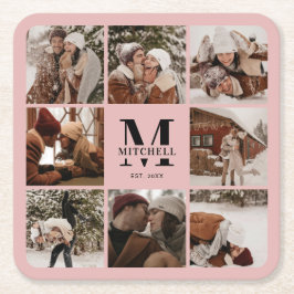 Elegant Roze Monogram Initiaal Familienaam Foto Kartonnen Onderzetters
