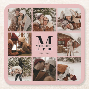 Elegant Roze Monogram Initiaal Familienaam Foto Kartonnen Onderzetters