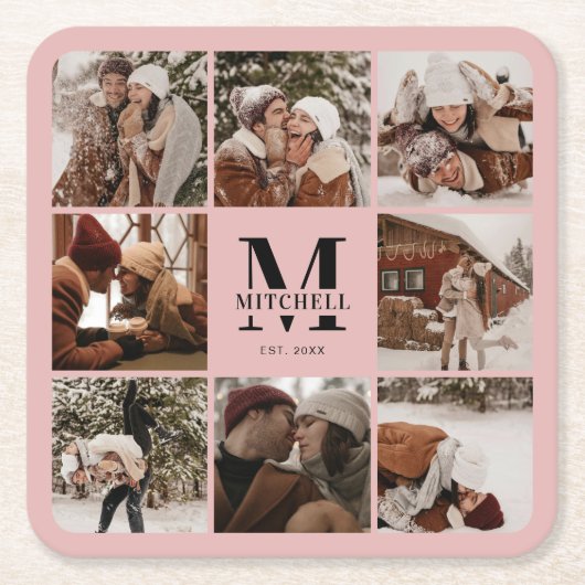 Elegant Roze Monogram Initiaal Familienaam Foto Kartonnen Onderzetters (Voorkant)