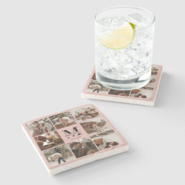 Elegant Roze Monogram Initiaal Familienaam & Foto Stenen Onderzetter