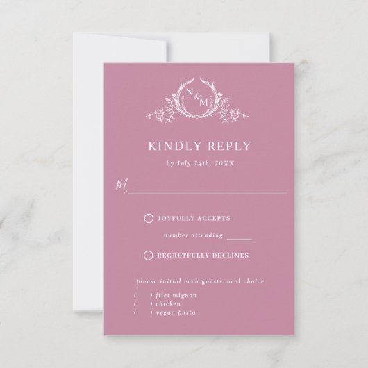 Elegant roze monogram met/zonder maaltijden RSVP (Voorkant)
