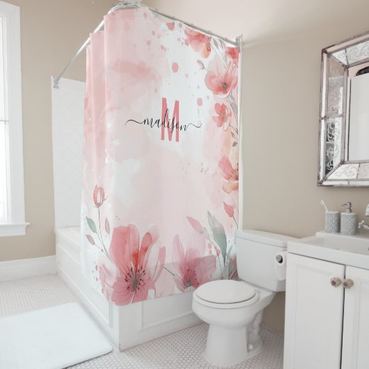 Elegant Roze Monogram Modern Script Bruids Bruilof Douchegordijn (In situ)