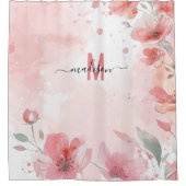 Elegant Roze Monogram Modern Script Bruids Bruilof Douchegordijn (Voorkant)