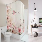 Elegant Roze Monogram Modern Script Huwelijk Custo Douchegordijn