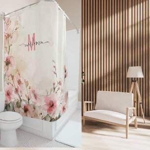 Elegant Roze Monogram Modern Script Huwelijk Custo Douchegordijn