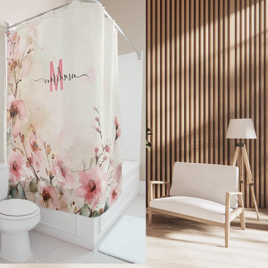 Elegant Roze Monogram Modern Script Huwelijk Custo Douchegordijn