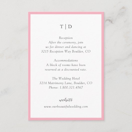 Elegant roze monogram moderne bruiloft informatiekaartje (Voorkant)