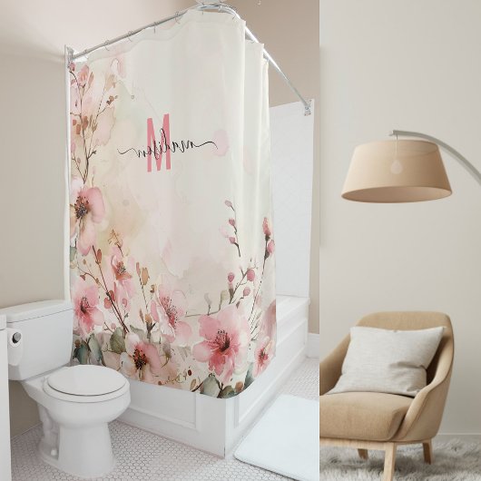 Elegant Roze Monogram Moderne Script Trouwdag Maat Douchegordijn