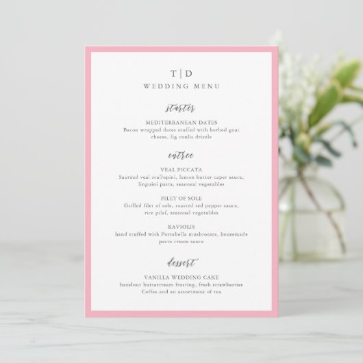 Elegant Roze Monogram Moderne Trouwdag Menu (Staand voorkant)