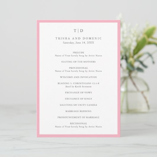 Elegant Roze Monogram Moderne Trouwdag Programmakaart (Staand voorkant)