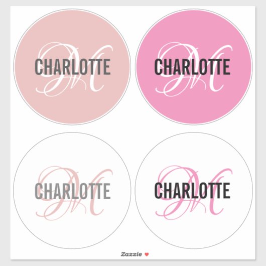 Elegant roze monogram naam rond sticker (Vel)