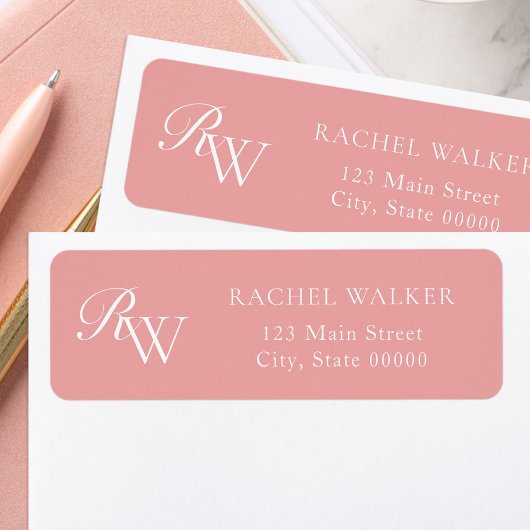 Elegant roze monogram retouradres etiket