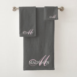 Elegant Roze Monogram Script Initiaal Naam Grijs Bad Handdoek