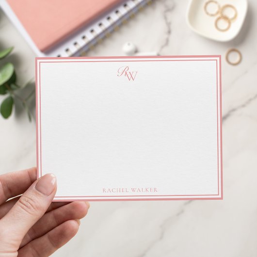 Elegant Roze Monogram Twee Rand Notitiekaartje