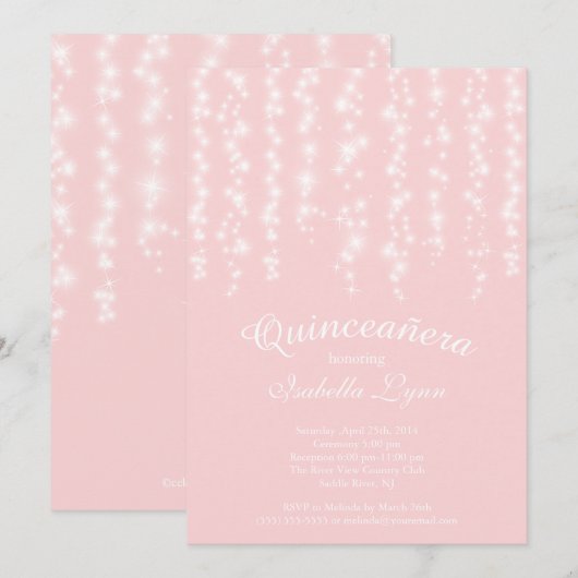 Elegant roze mousserende lichten Quinceañera Kaart (Voorkant / Achterkant)