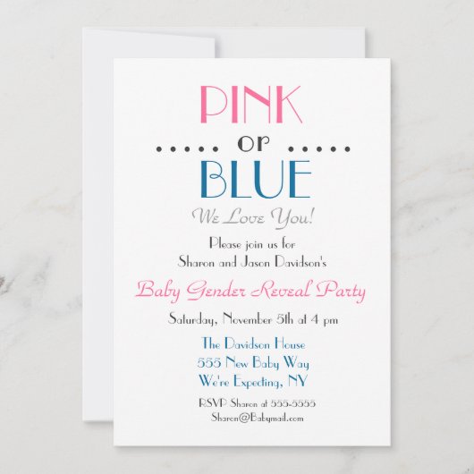 Elegant roze of Blue Gender Reopenbaart uitnodigin Kaart (Voorkant)