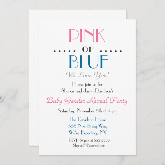 Elegant roze of Blue Gender Reopenbaart uitnodigin Kaart (Voorkant / Achterkant)