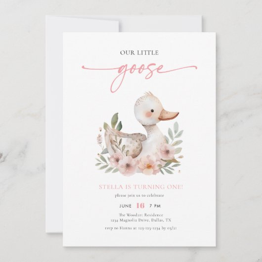 Elegant Roze Onze Kleine Gans Kids Verjaardagsfees Kaart (Voorkant)