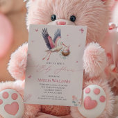 Elegant roze ooievaar Baby shower met vlinders Kaart