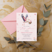 Elegant roze ooievaar Baby shower met vlinders Kaart