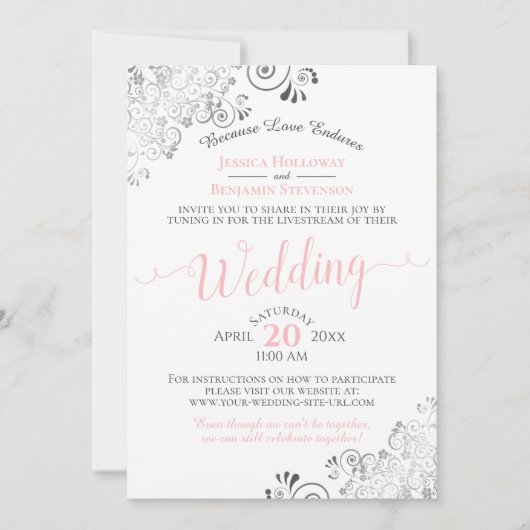 Elegant roze op witte bruiloft livestream kaart (Voorkant)