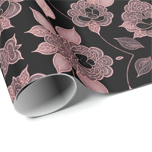 Elegant roze op zwart kant in  stijl cadeaupapier (Rol Hoek)