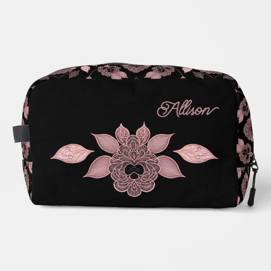 Elegant roze op zwart kant in  stijl op maat toilettasje (Voorkant)