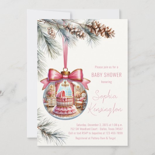 Elegant Roze Ornament Kerst Baby shower Kaart (Voorkant)